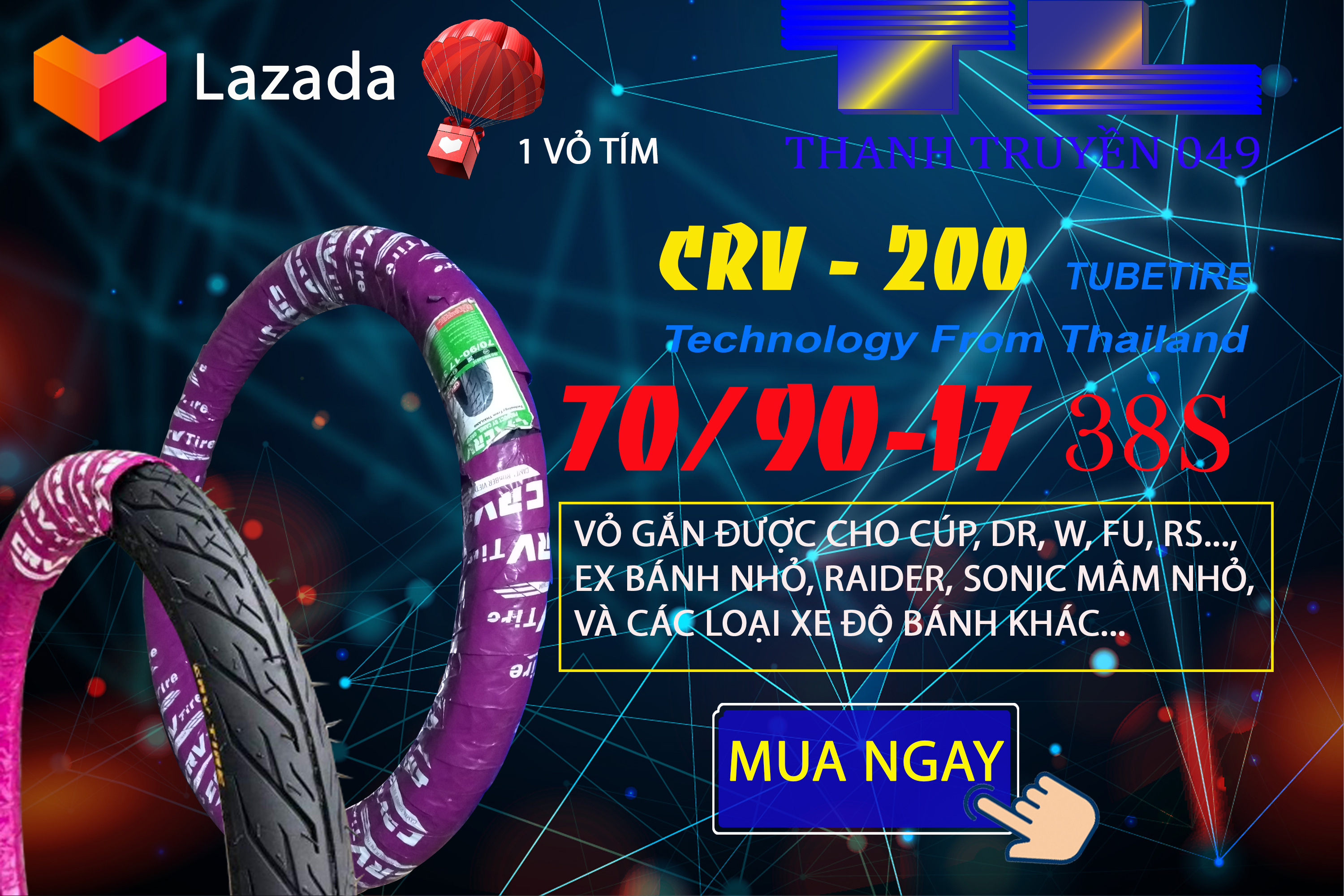 1 Vỏ xe 70/90-17 CRV vỏ xe kiểng gai mũi tên ( bao bì tím )