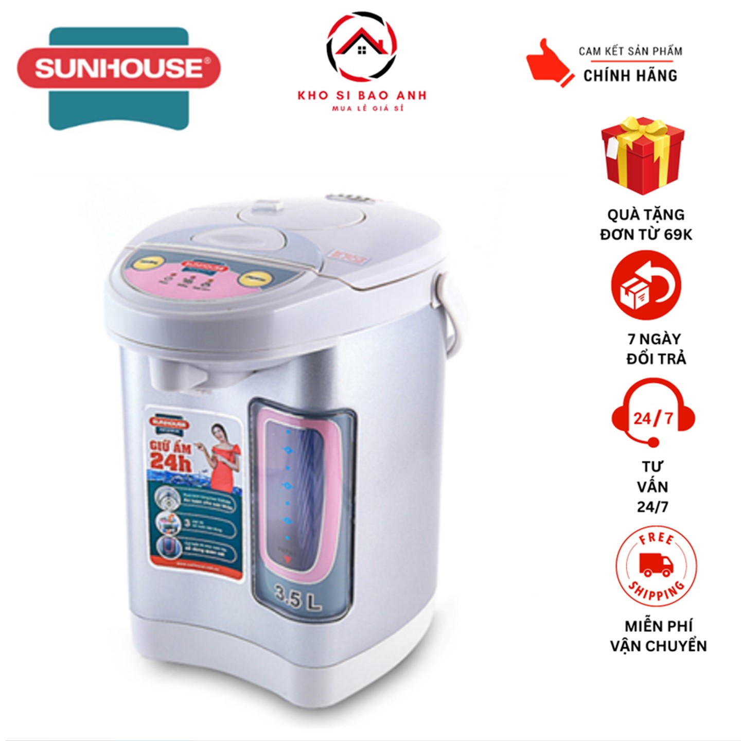Bình thủy điện Sunhouse SH 1535 3.5 lít-có công suất 735W giúp đun sôi cực nhanh- bảo hành chính hãng