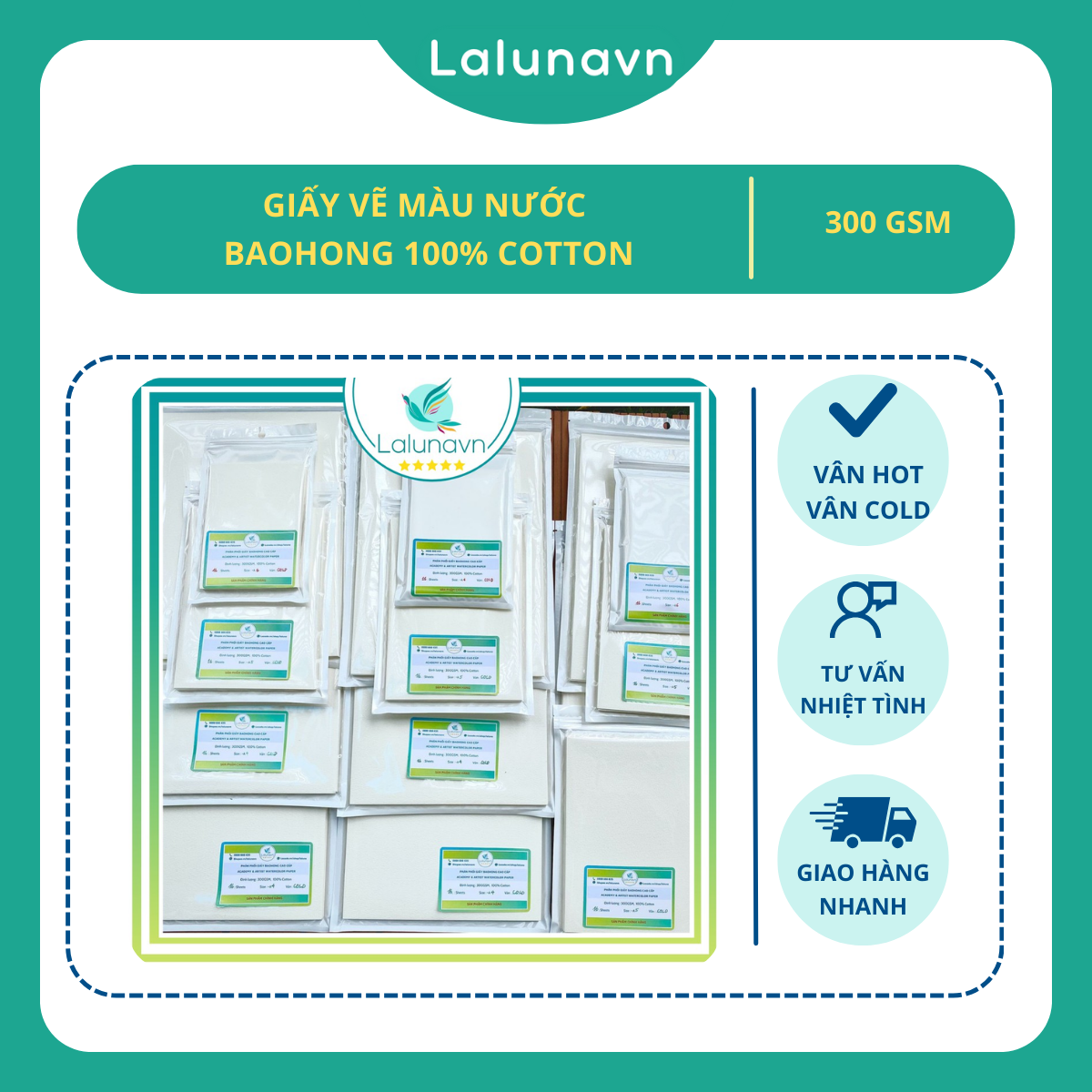 Lalunavn Giấy vẽ màu nước BAOHONG 100% cotton, vân mịn, vân nổi, vân nhám ( Hot, Cold)