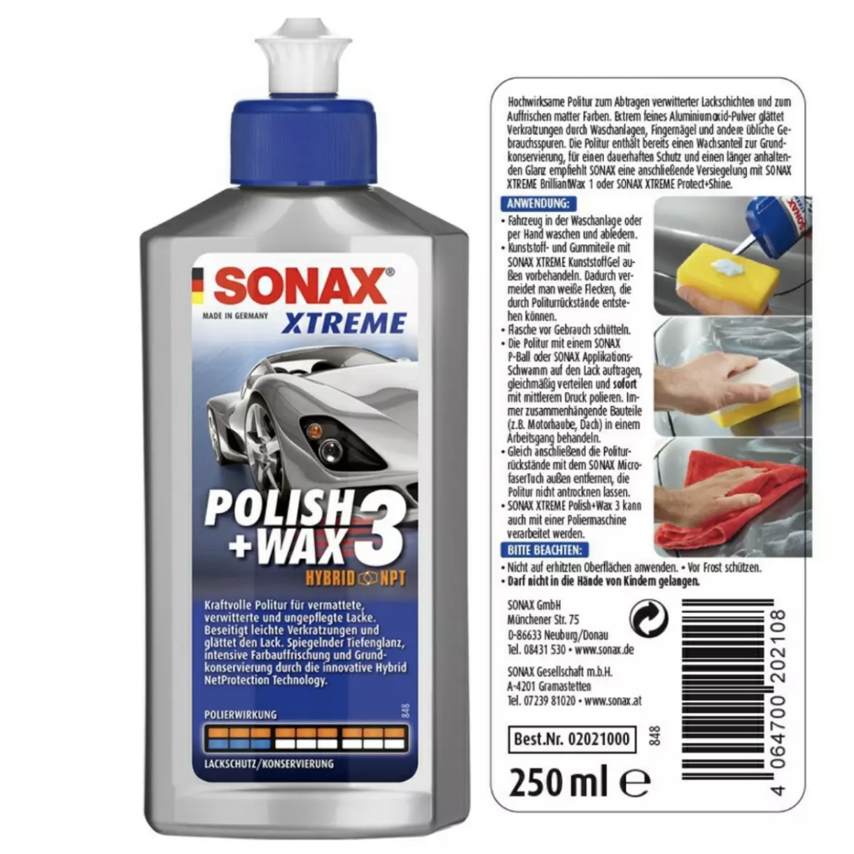 Dung Dịch Xóa Xước, Đánh Bóng Và Bảo Vệ Sơn Xe Ô tô, Xe Hơi Sonax Polish Wax 3 trong 1 - 202100 - Nhập Đức