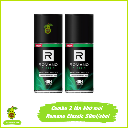 Combo 2 Lăn Khử Mùi Romano Classic 50ml - Bộ 2 chai lăn ngăn mùi kháng khuẩn hương nước hoa thơm lâu ngăn đổ mồ hôi suốt 48h màu xanh lá