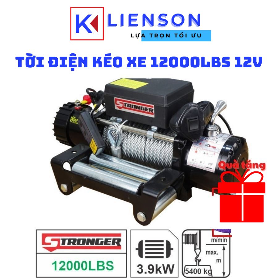 Tời điện kéo xe stronger, lực kéo 12000lbs tải trọng kéo 5443kg, cáp 10ly dài 26m, động cơ 12v dc