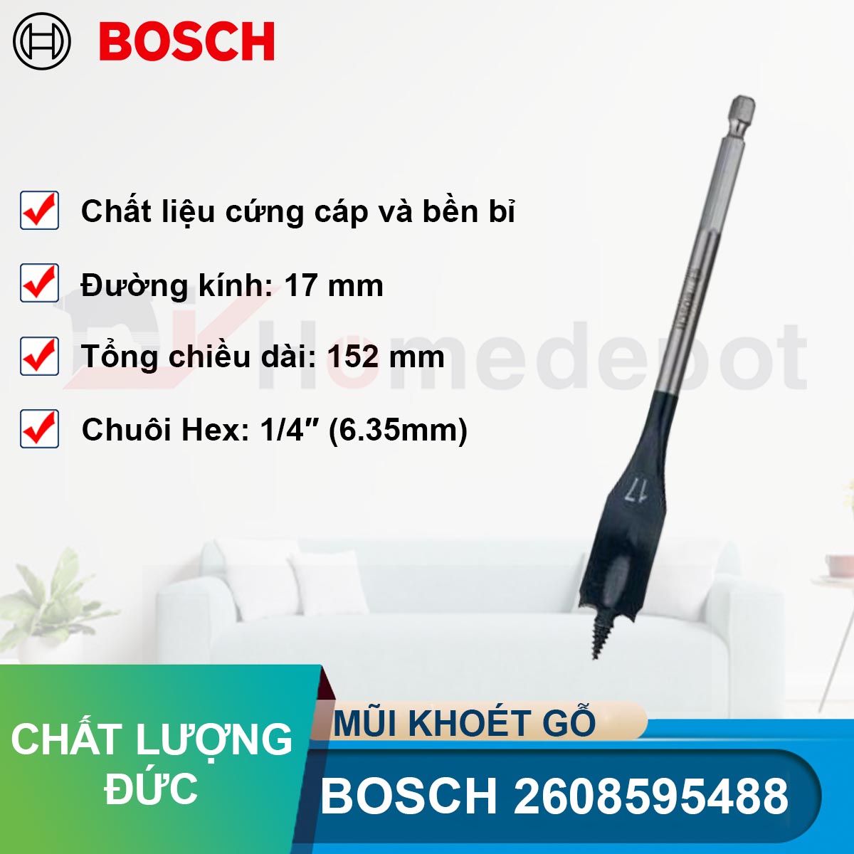 Mũi khoét gỗ đuôi cá selfcut 17mm bosch 2608595488