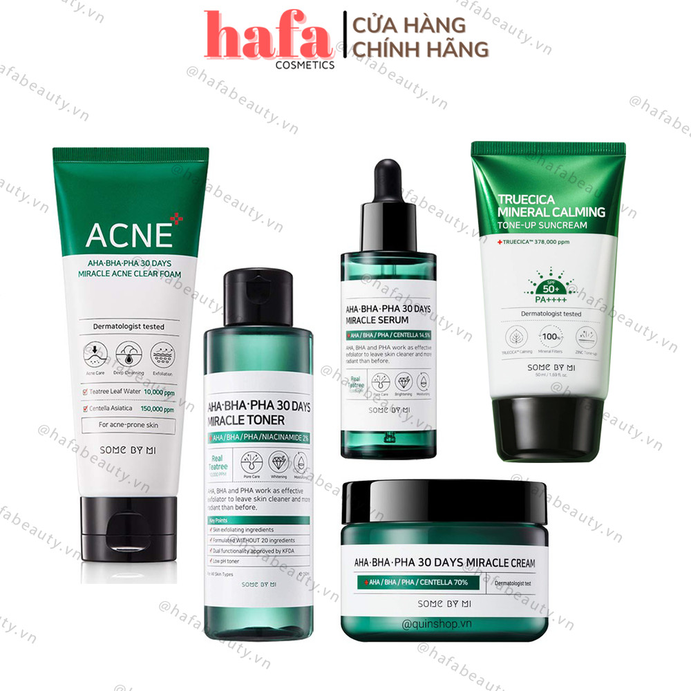 Combo 5 Sản Phẩm Giảm Mụn, Mụn Ẩn Chiết Xuất Tràm Trà Some By Mi AHA-BHA-PHA 30 Days Miracle (Cleanser + Toner +  Serum + Cream + Suncream) _ Some By Mi Chính Hãng