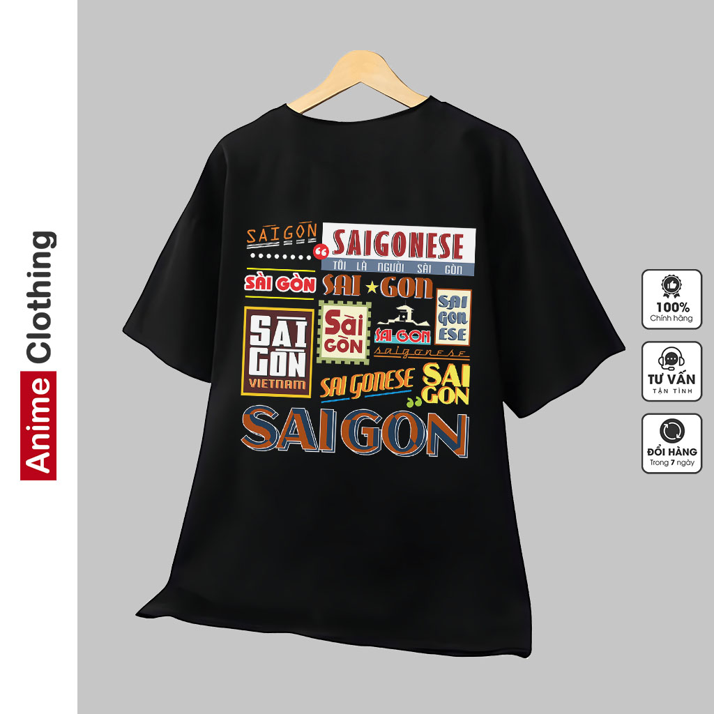 Áo thun in hình Sài Gòn HCM vải thun cotton màu đen cổ tròn tay ngắn