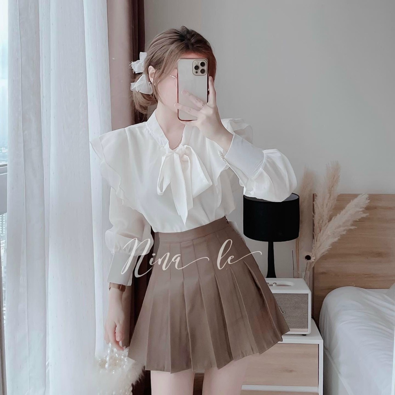 Sét áo sơ mi nơ cổ vai bèo chất lụa chiffon + chân váy ford xếp ly xinh xắn