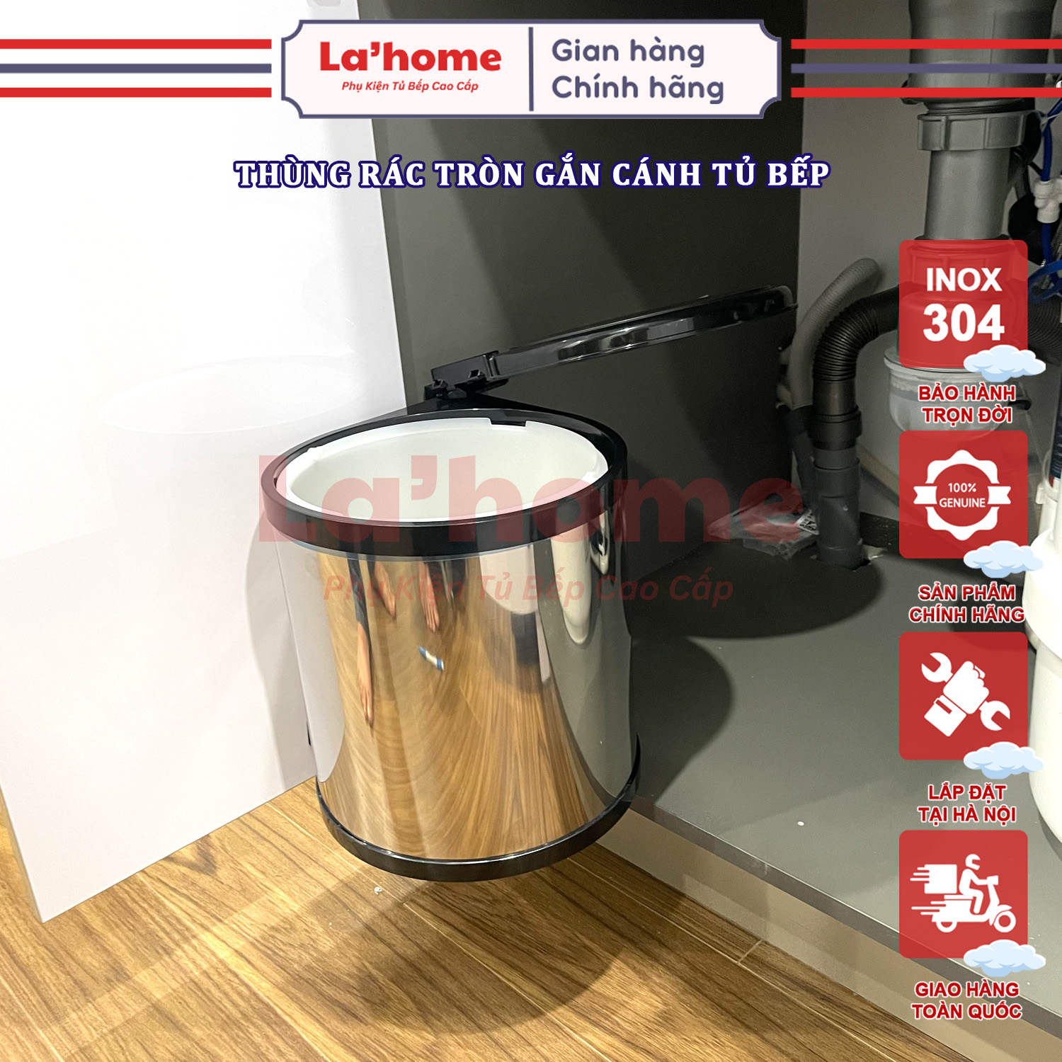 Thùng rác tròn gắn cánh tủ bếp, thùng rác đơn bọc inox304 taki - bảo hành dài hạn