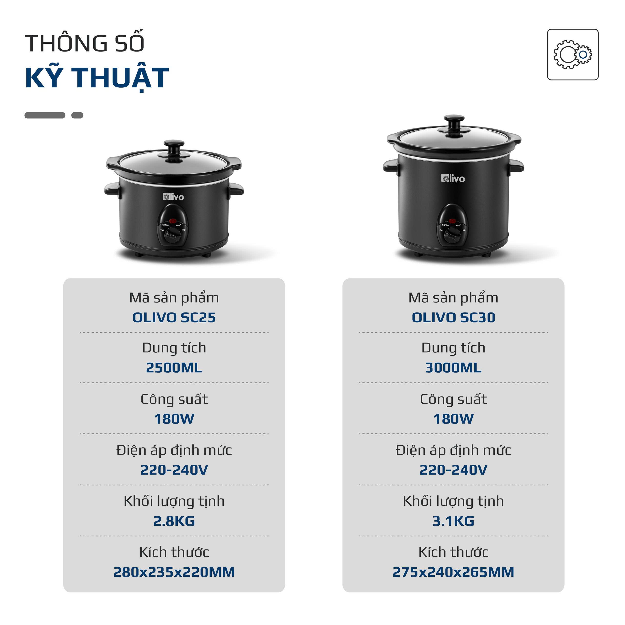 Nồi Nấu Chậm OLIVO SC25 2.5L, SC30 3L – Lòng Gốm Tráng Men – 3 Mức Nhiệt – Nấu Cháo, Kho Cá, Hầm