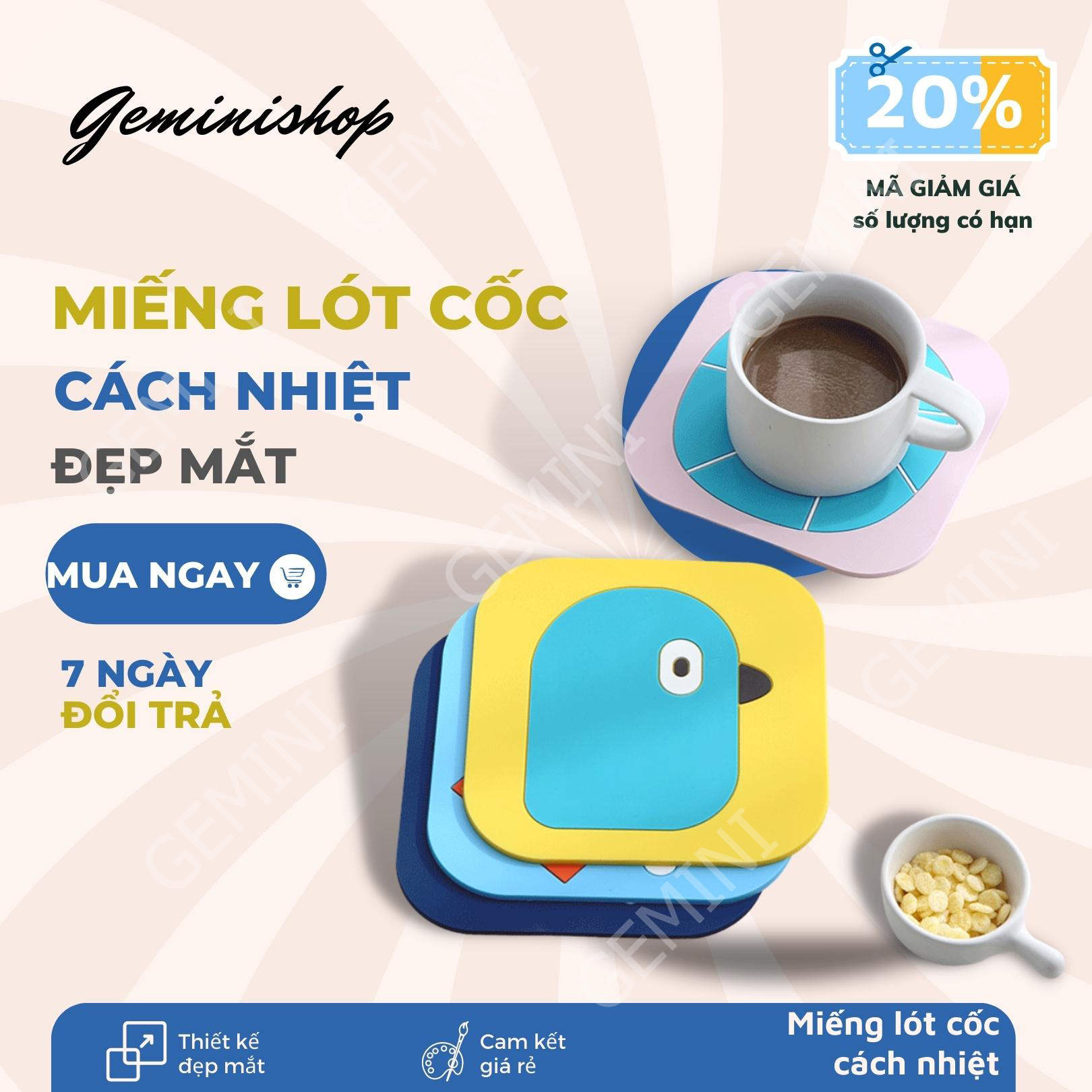 Miếng Lót Cốc Lót Nồi Chén Cách Nhiệt Silicon Chống Thấm họa tiết đẹp xinh xắn MLC01