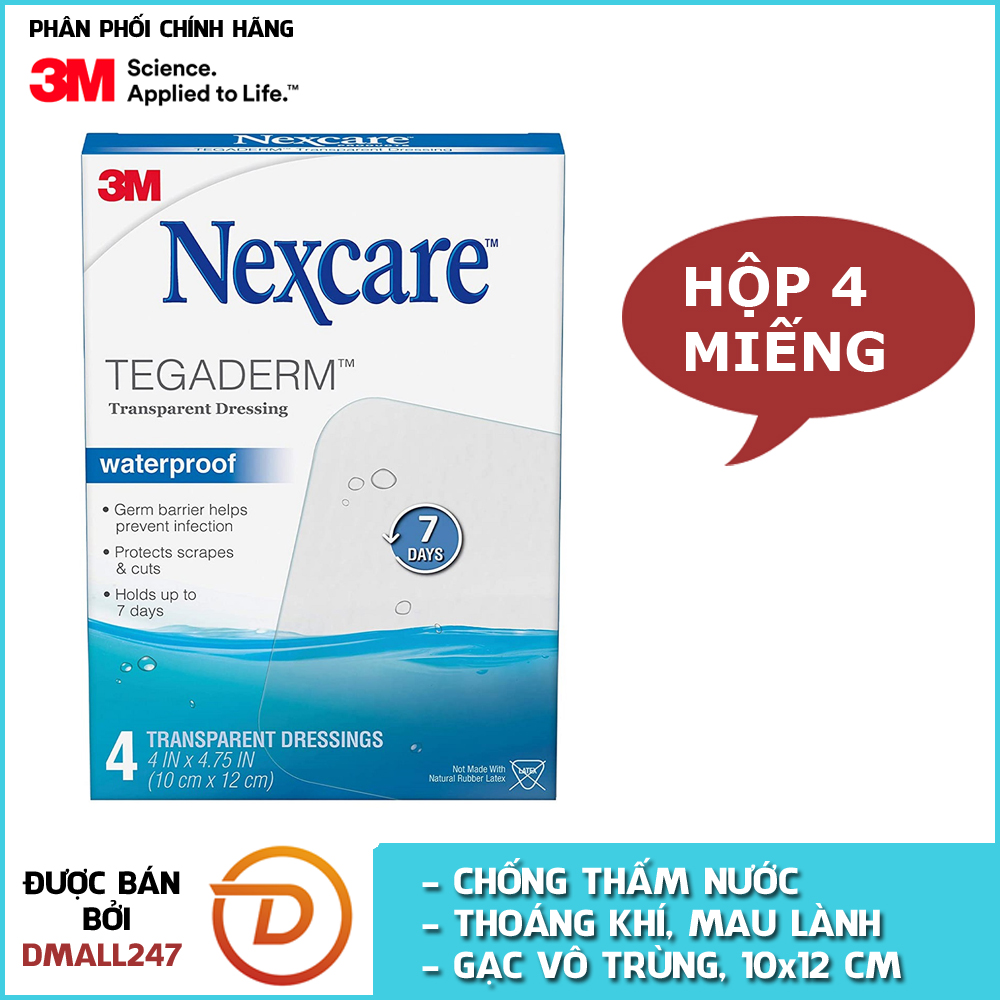Hộp 4 miếng gạc vô trùng chống thấm nước trong suốt Nexcare 3M GVT-H1626 - kích thước 10x12cm - Dmall247, bảo vệ vết thương, chăm sóc sức khỏe