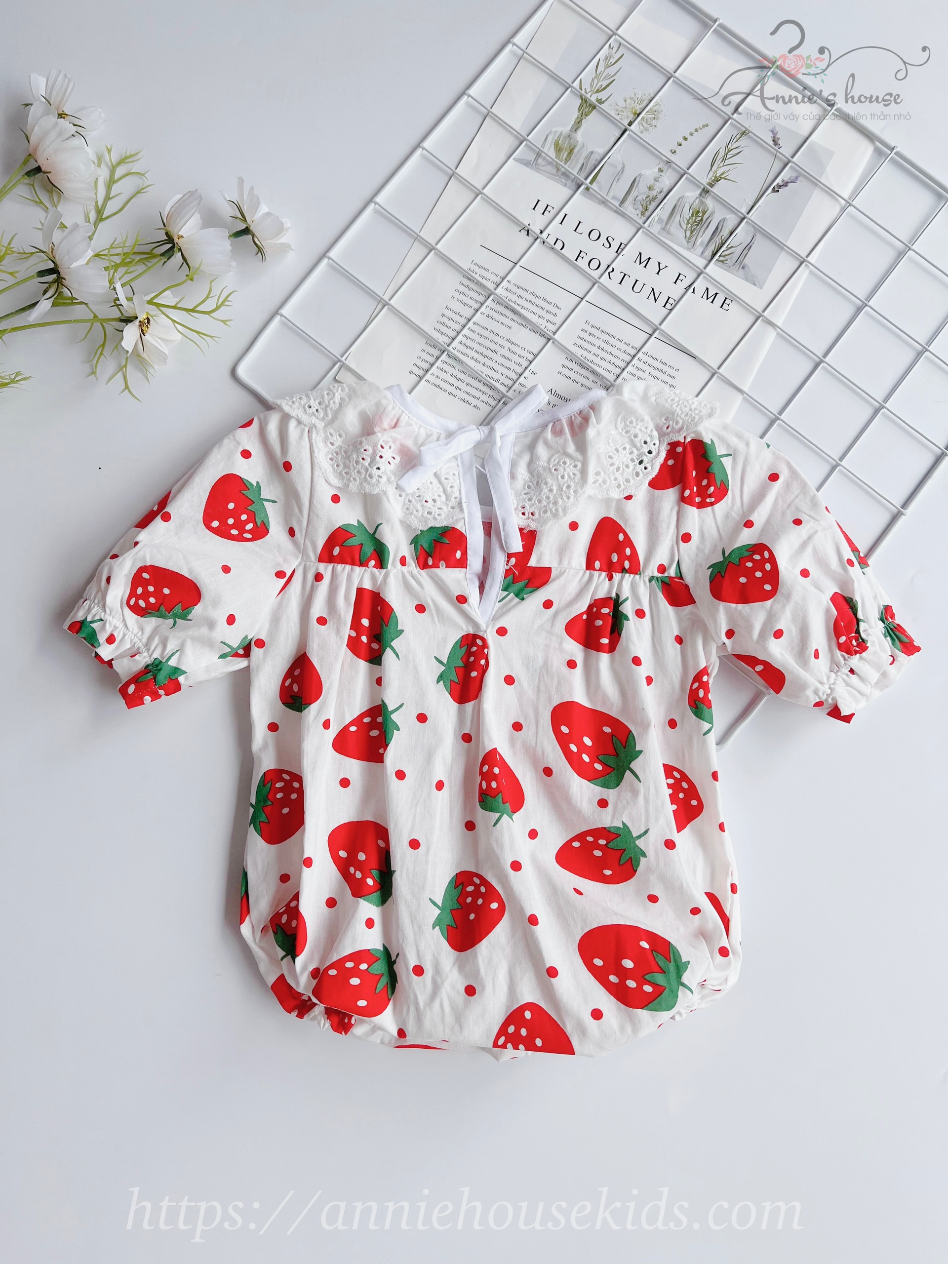 Đồ body cho bé gái Annie, bộ bodysuit cổ ren trái dâu cho bé từ 5-14kg