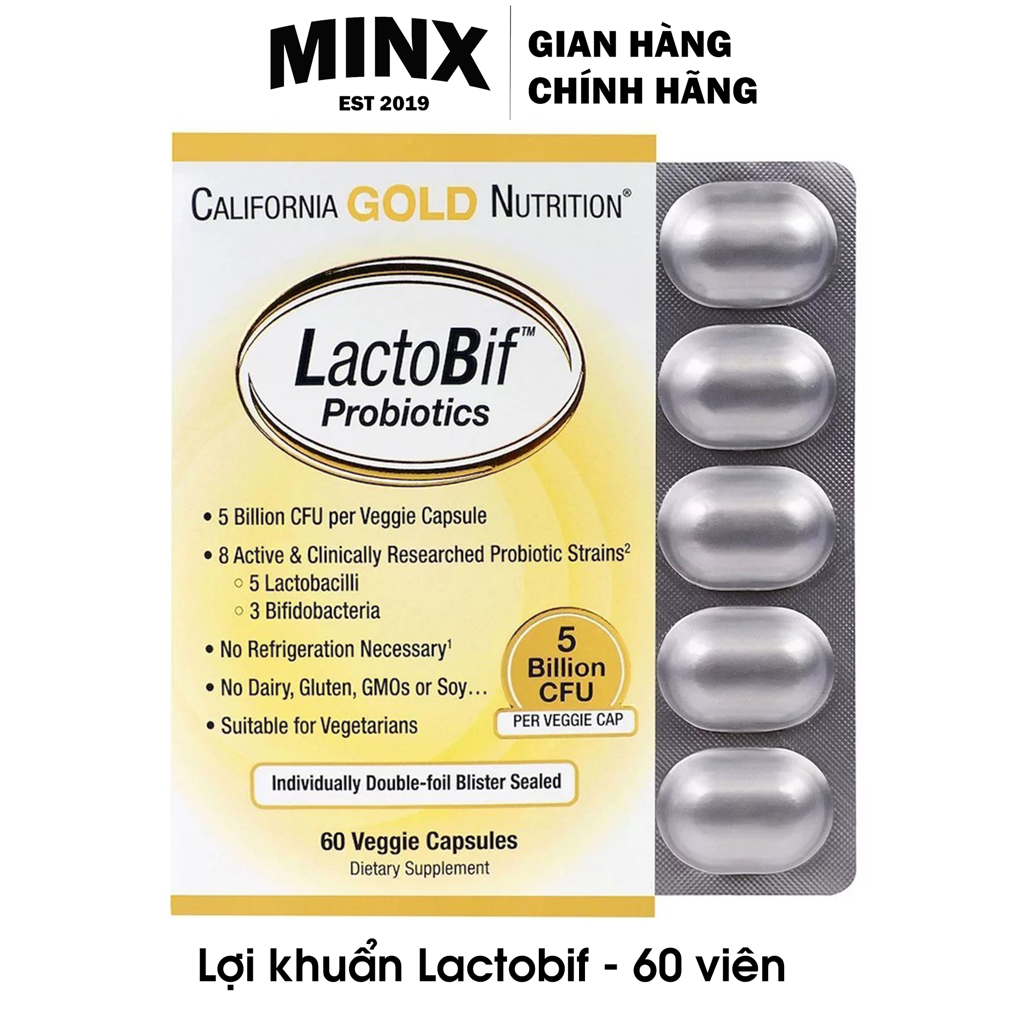 Viên Uống Bổ Sung Lợi Khuẩn Lactobif 60 viên - loại 5 tỷ Lợi Khuẩn và loại 30 tỷ Lợi Khuẩn hãng California Gold Nutrition - Tiêu Hóa khỏe mạnh - MINX Store