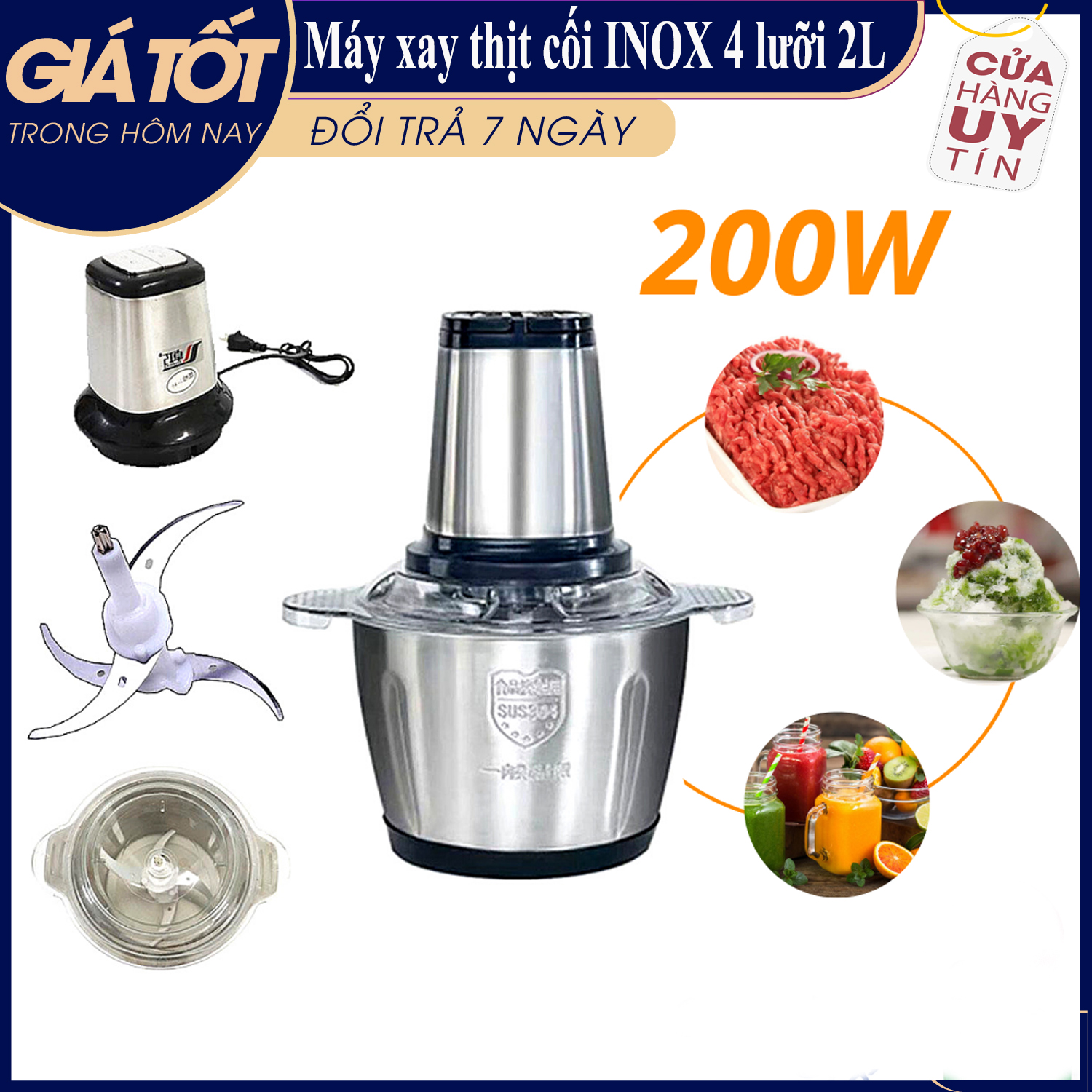 Máy Xay Thịt Cối Inox 304, Máy Xay thịt bằng điện không rỉ, dung tích lớn, công suất 200W, nhiều chế độ xay, chống vỡ bền bỉ, máy xay rau củ, cá, tỏi ớt đa năng công suất lớn