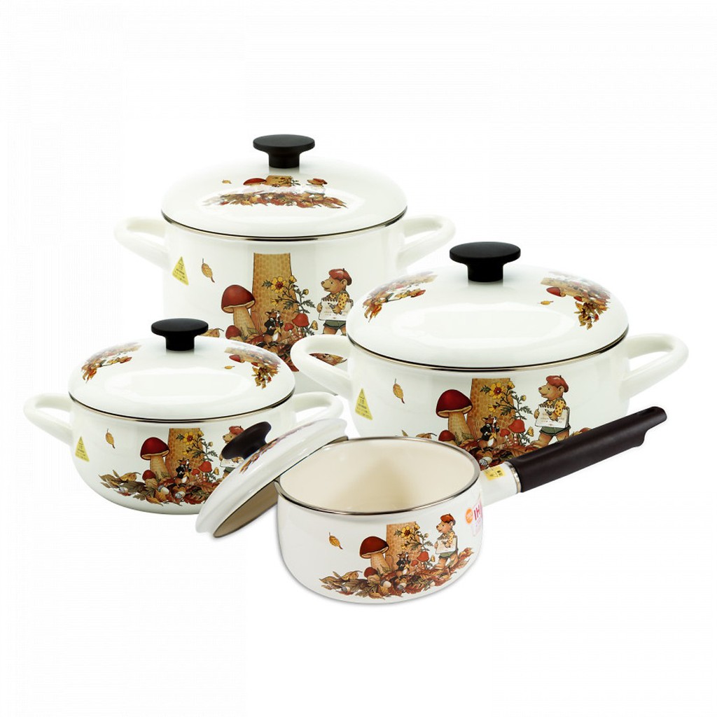 Bộ nồi tráng men chống dính cao cấp Nhật Bản FUJIHORO Hoa văn con gấu , nhập khẩu Thái Lan , bảo hành 2 năm , dùng được bếp từ , hồng ngoại , gas