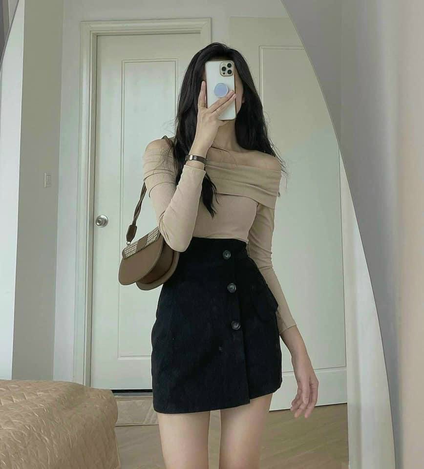 Chân váy đắp chéo vải nhung UCV547 dày dặn xếp tà trang trí nút