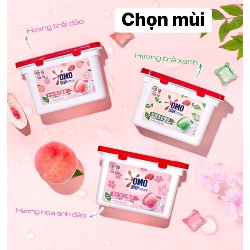 Viên giặt xả omo hương hoa anh đào thơm ngát, hộp viên giặt xả omo giữ quần áo luôn khô
