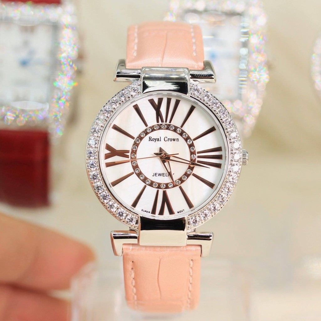 Đồng hồ royal crown nữ 6116 da hồng 36mm chính hãng