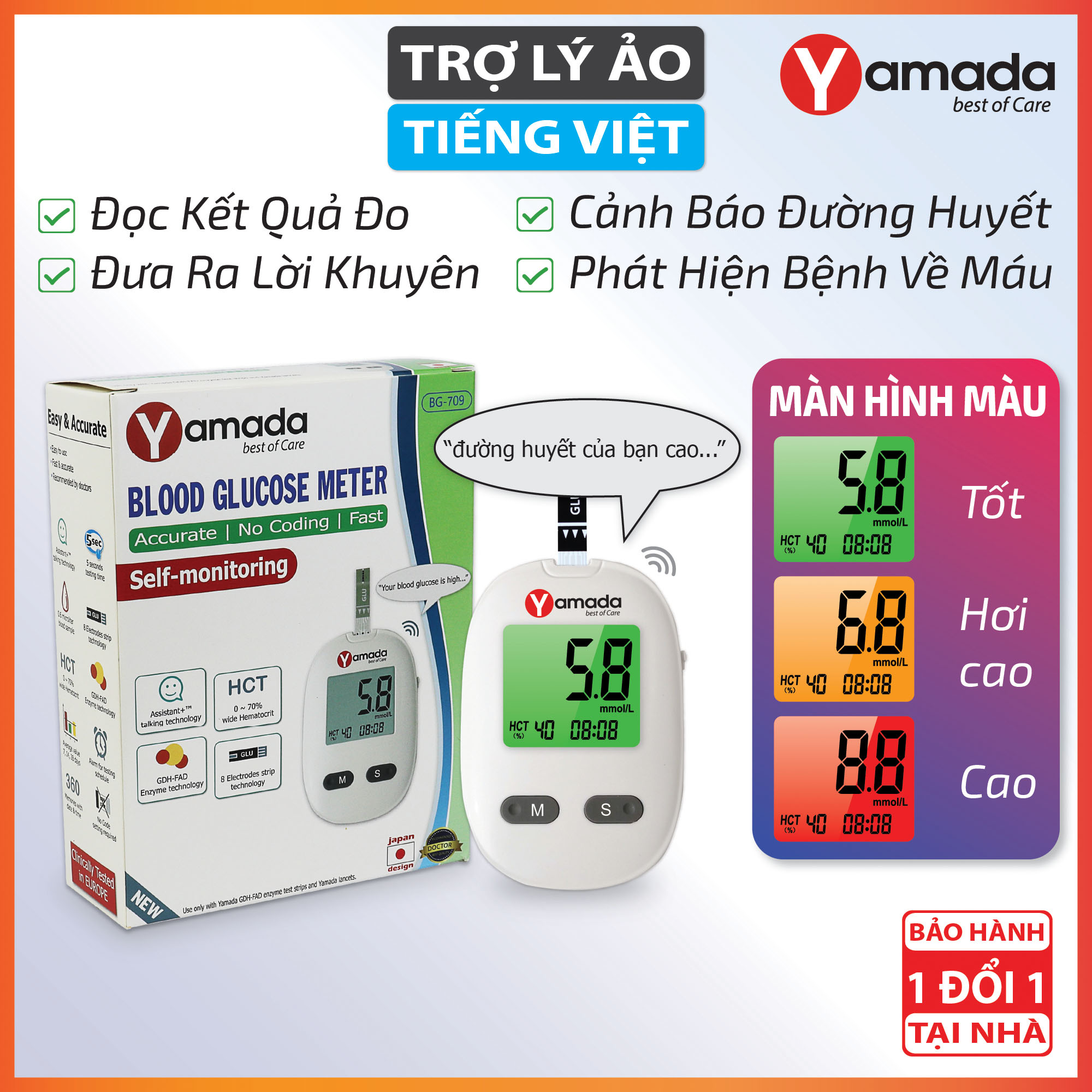 Máy đo đường huyết Yamada - Giọng nói tiếng Việt, thử tiểu đường,màn hình màu, đo chỉ số hồng cầu HCT, tặng 10 que thử