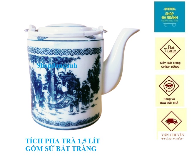 Ấm tích men lam gốm sứ Bát Tràng hãm chè xanh loại 1,5 lít