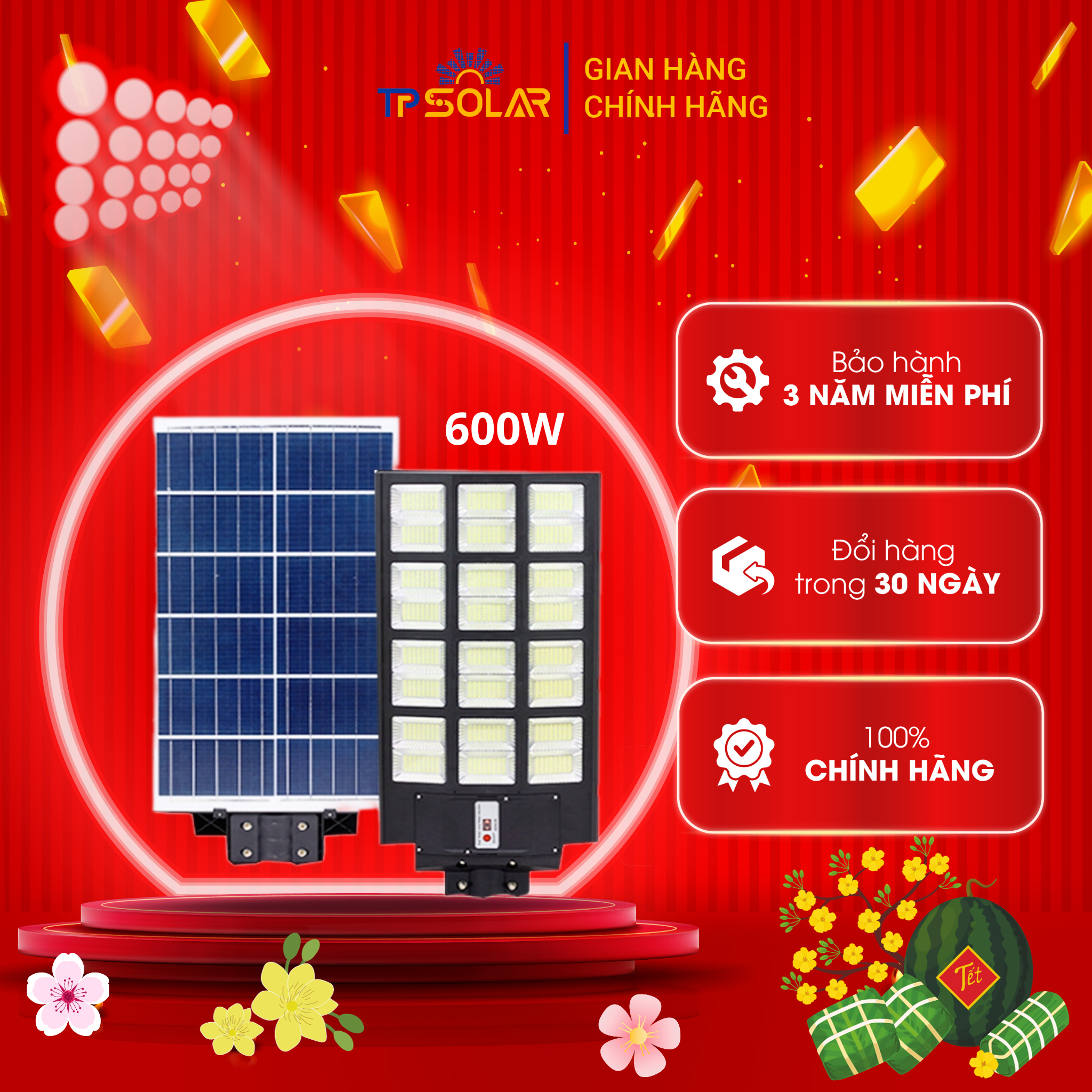 Đèn đường liền thể ba mặt năng lượng mặt trời tp solar 600w tp-d600n 1152 led siêu sáng, độ bền cao