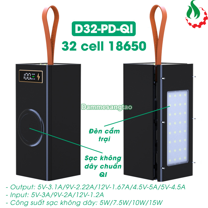 Box sạc dự phòng 32 cell 18650 sạc nhanh 22.5W (D32-PD-QI)