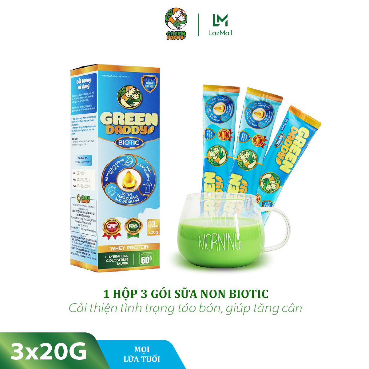 Sữa non Green Daddy Biotic chứa Colostrum 60g, bột cần tây hỗ trợ người bị suy nhược cơ thể, trẻ biếng ăn gặp vấn đề về đường tiêu hoá phù hợp cho mọi lứa tuổi hộp 3 gói x 20g
