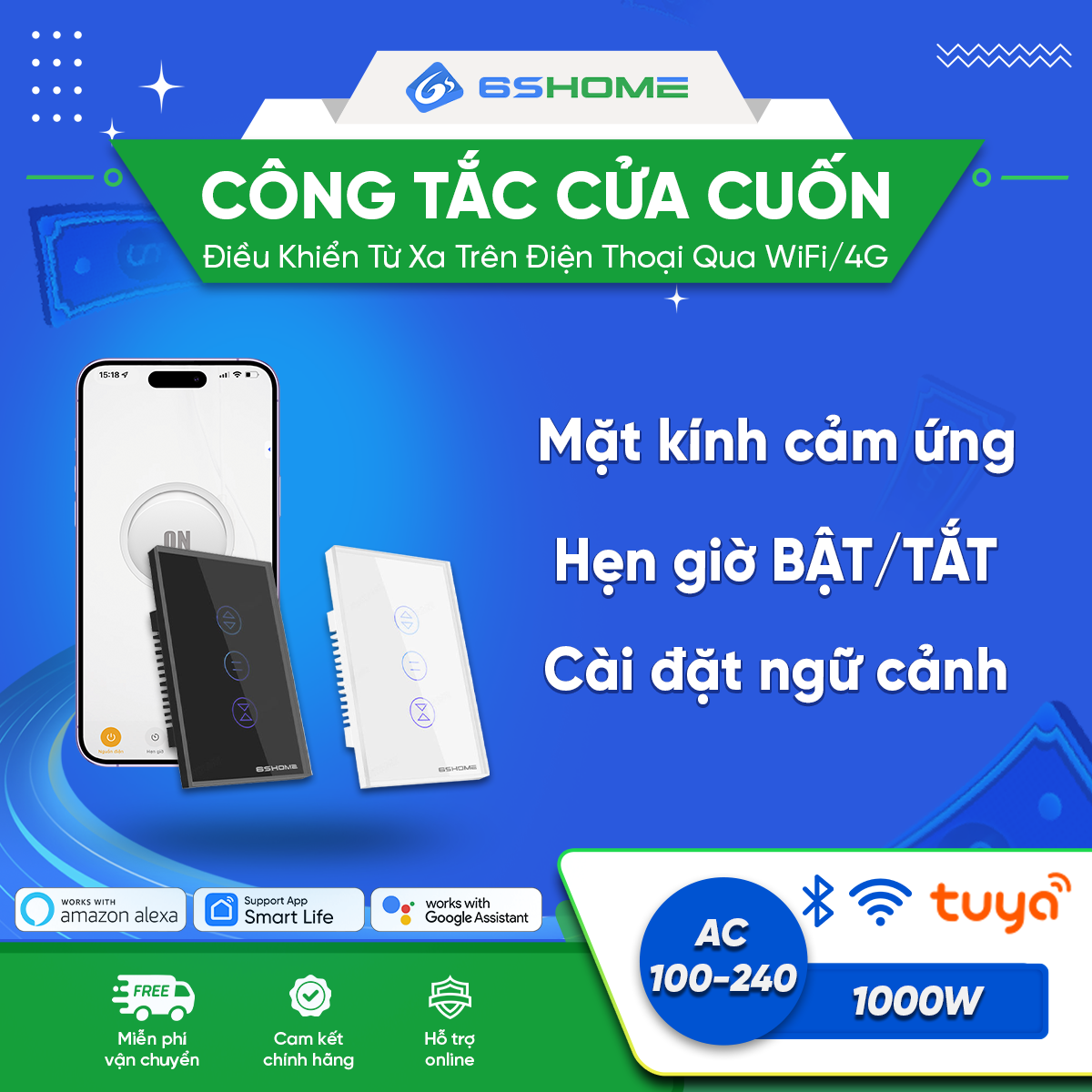 Công Tắc Cửa Cuốn Wifi Thông Minh 6SHOME, Điều Khiển Từ Xa Qua Điện Thoại qua WIFI/4G, Dùng Chung Re