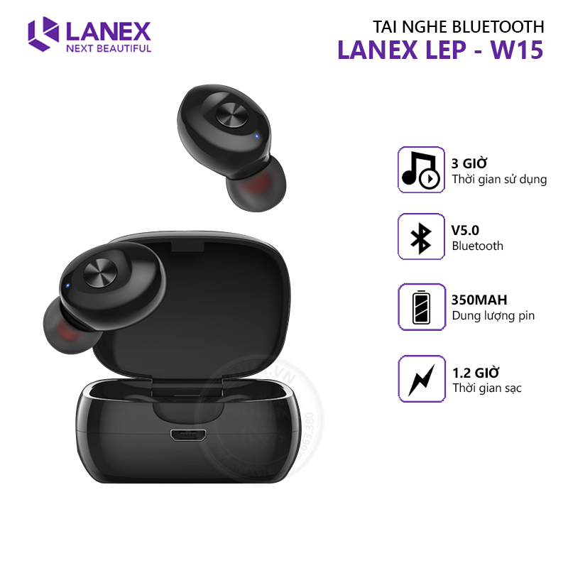 Tai nghe bluetooth lanex lep-w15 v5.0 hỗ trợ mic cảm ứng tws, chuyên dùng cho iphone