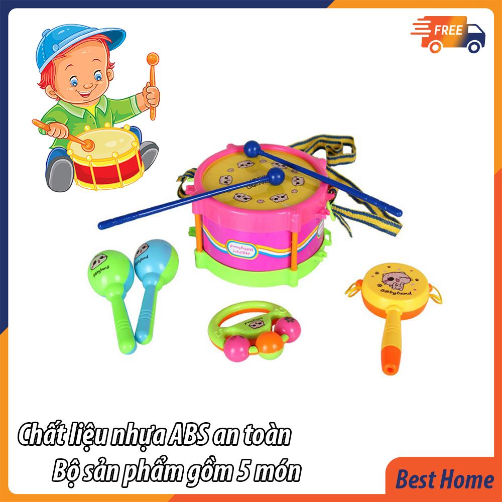 Đồ chơi 5 món âm nhạc  Baby Bank vui nhộn cho bé - Gồm bộ trống to - trống lắc- xúc xắc - trống tay - Đồ chơi âm nhạc Best Home