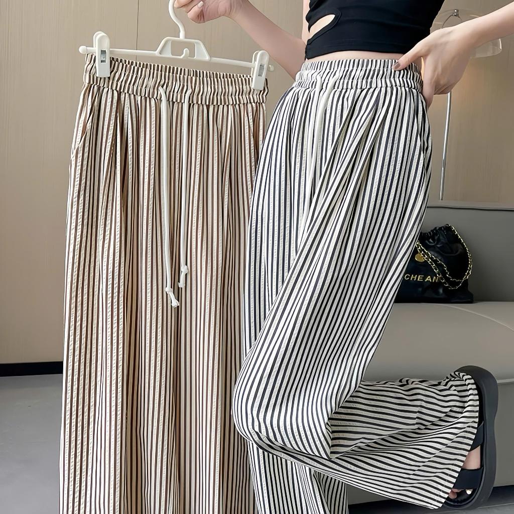  Quần Dài Nữ Kẻ Sọc Ống Rộng Quần Ống Suông Form Xinh Cạp Chun Có Dây Rút Chất Đũi Xốp Thoáng Mát 