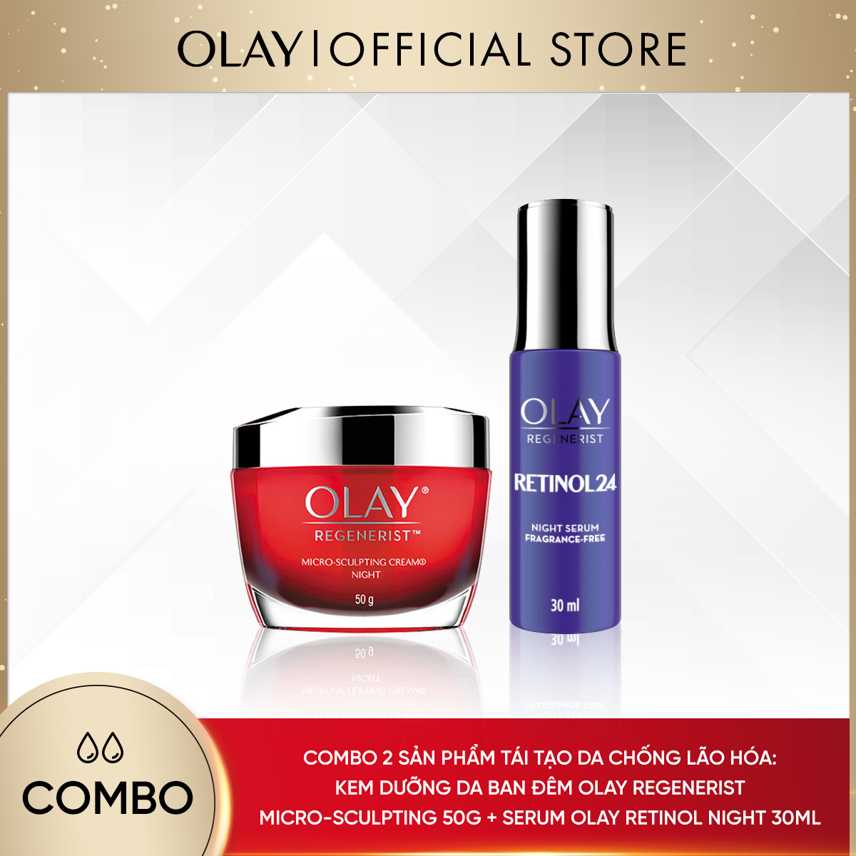 [25-30.11 DEAL SỐC ĐƠN 749K TẶNG 4 QUÀ] Combo 2 Sản Phẩm OLAY Tái Tạo Da Và Chống Lão Hóa Toàn Diện: Kem Dưỡng Ẩm Ban Đêm 50g + Tinh Chất Retinol 30ml [Số lượng quà có hạn]