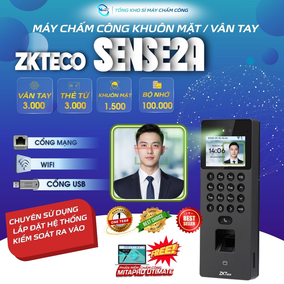 Máy chấm công khuôn mặt ZKTECO SENSE 2A kiểm soát cửa ra vào/ Kết nối wifi/ usb / cổng mạng.  tặng kèm phần mềm MITAPRO 2025
