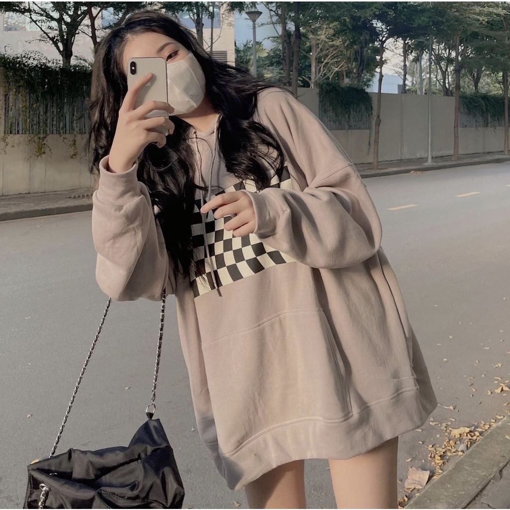 【HOT SALE】 Áo Hoodie Bàn Cờ PEONYB Nữ Sweater form rộng tay bồng nỉ ngoại đẹp in hình caro cá tính Ulzzang 🌸