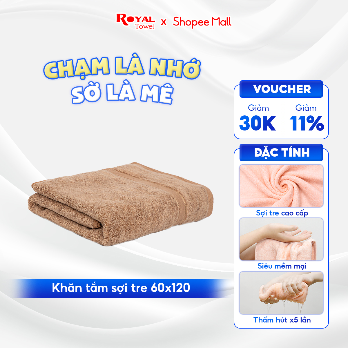 Khăn tắm sợi tre royal towel 60x120cm mềm mại, thấm hút, kháng khuẩn