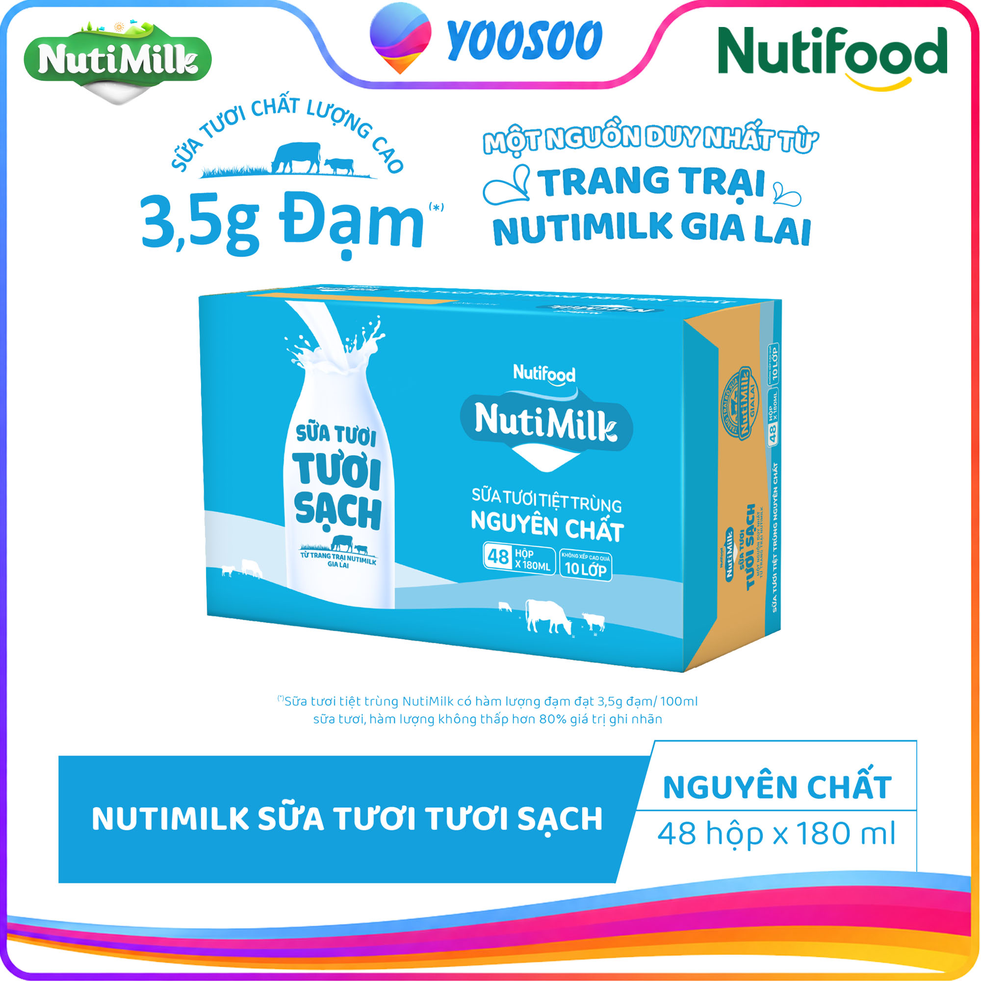 Thùng 48 Hộp NutiMilk 100% Sữa Tươi Tươi Sạch Không đường 180ml - NUTIFOOD - YOOSOO