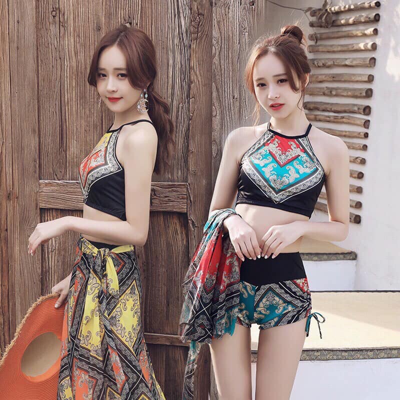 Bộ đồ bơi bikini áo tắm thổ cẩm kèm khăn đi biển