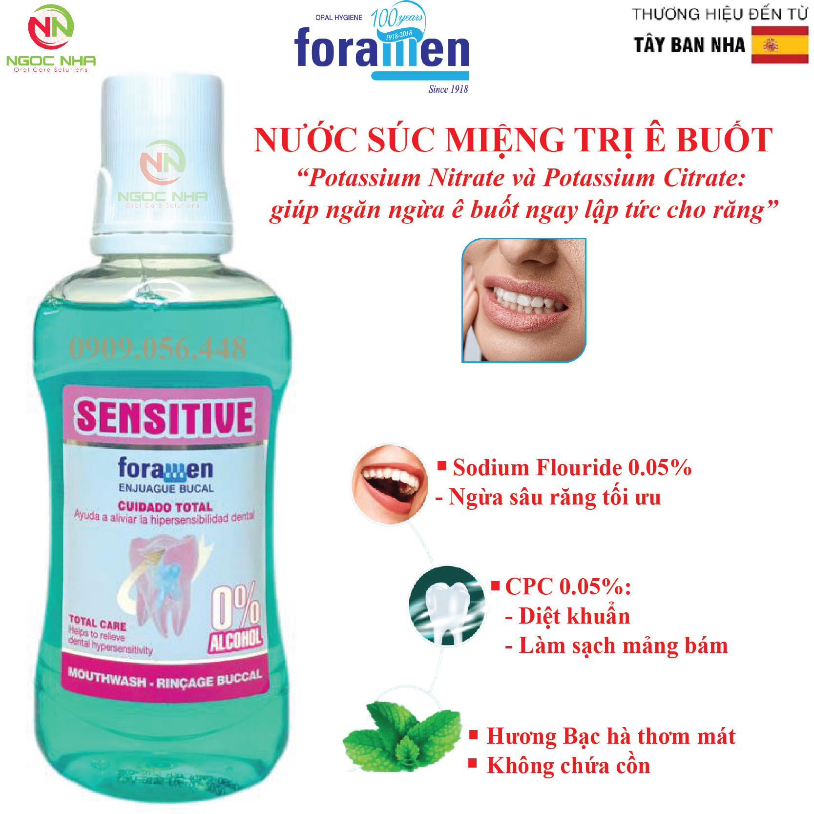 Nước súc miệng giảm ê buốt cho răng nhạy cảm với nóng lạnh ê buốt răng khi chải răng Foramen Sensitive 500ml/ Tây Ban Nha