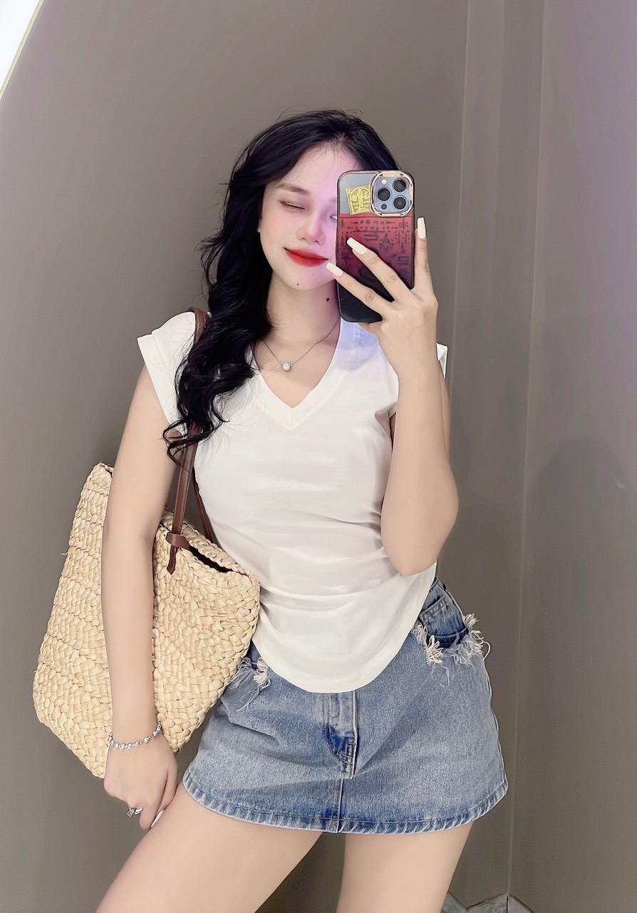 Áo thun ôm Nữ Cổ Tim Tay tay hến nhún eo