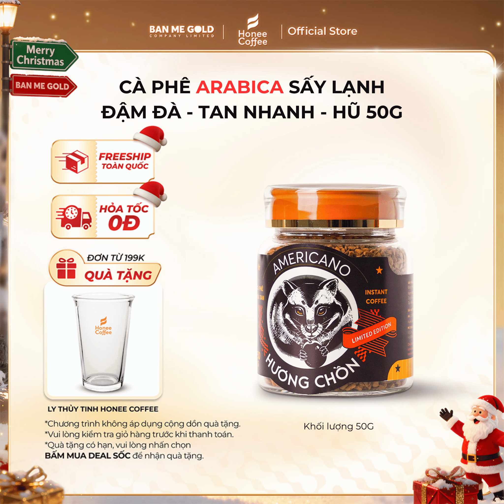   TẶNG QUÀ  Cà Phê Arabica Hương Chồn Americano  50g  Cafe Chồn Hòa Tan Sấy Lạnh Arabica Thượng Hạng Ban Me Gold - Honee Coffee 
