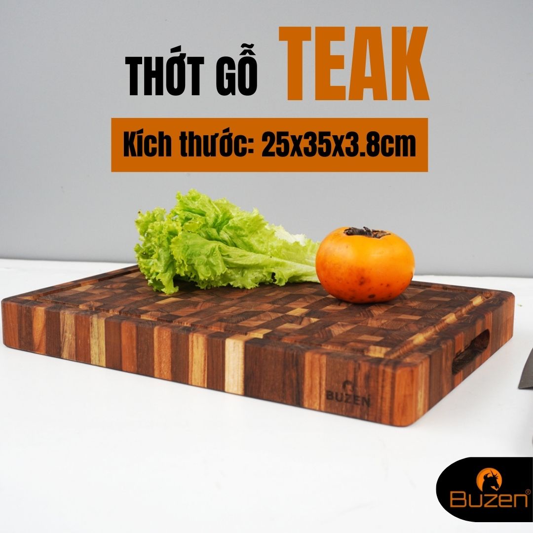 Thớt Gỗ Teak BUZEN 25x35x3.8cm - Thớt gỗ Dày Cứng Không Mùn sử dụng cắt thái băm hoặc làm khay đựng thức ăn đặc biệt phù hợp cho các món nướng