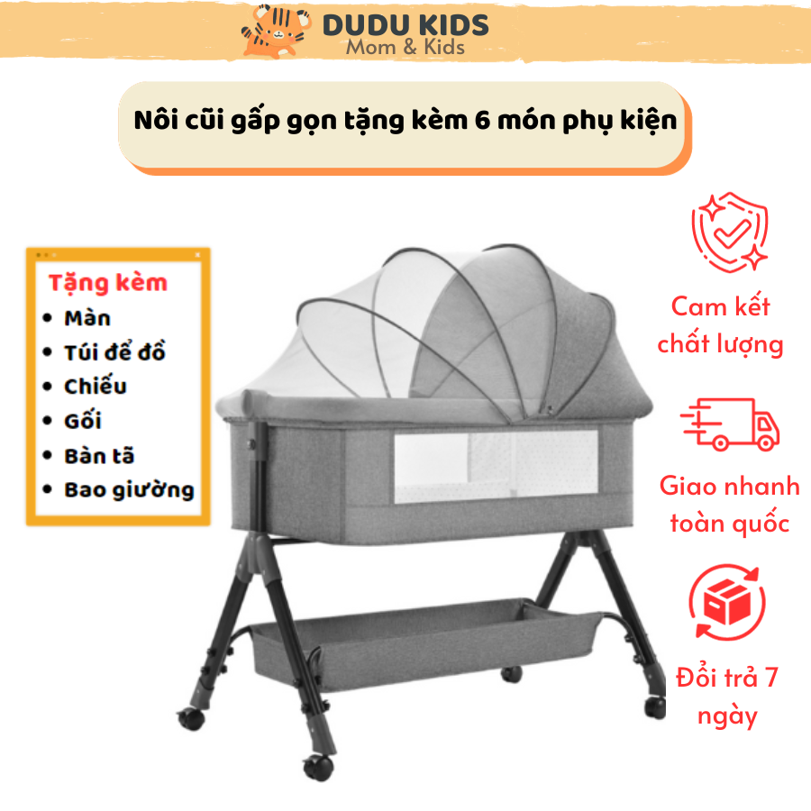 Nôi cho bé gấp gọn có bánh xe nôi điều chỉnh độ cao nôi cho bé tặng kèm 6 phụ kiện từ Dudu shop