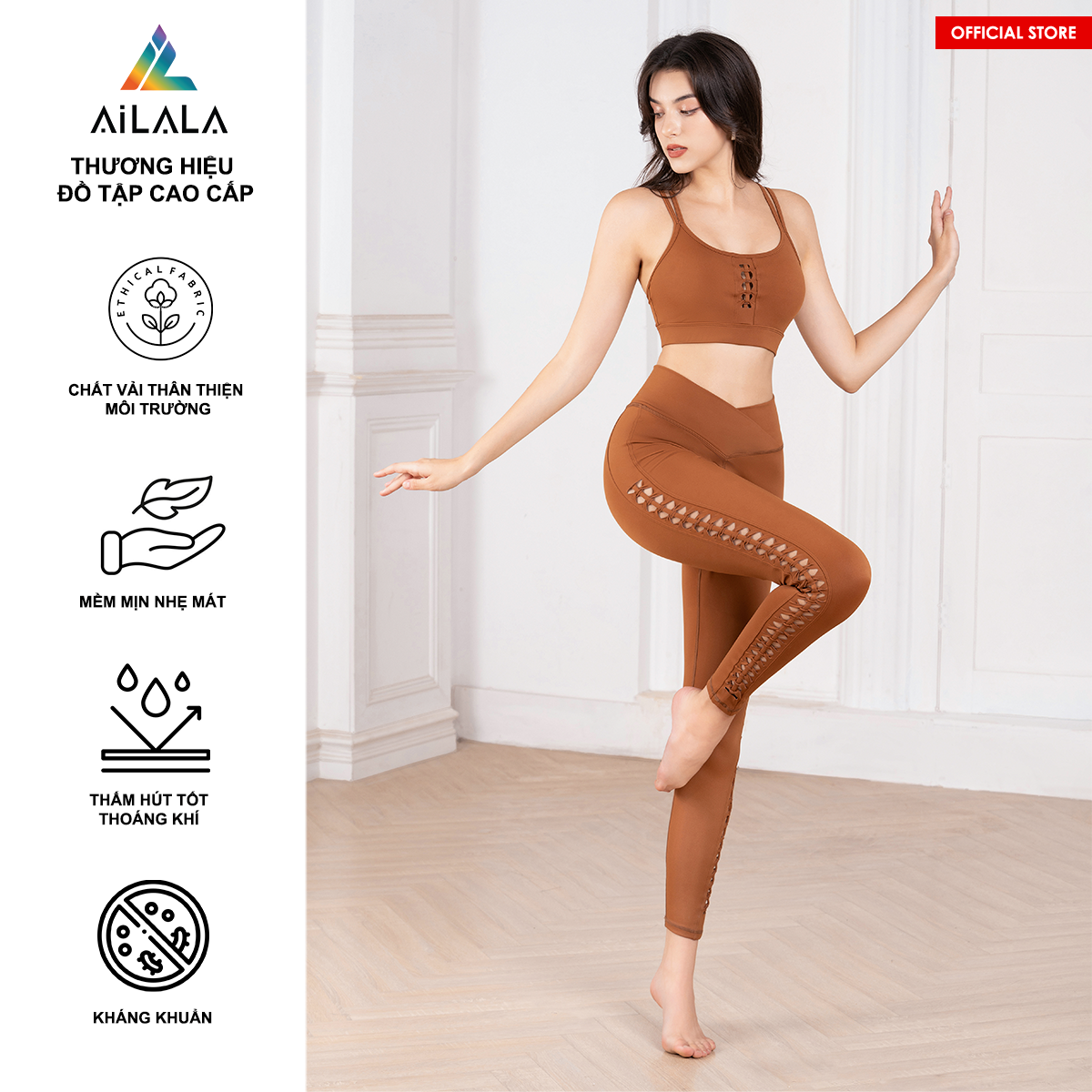 AiLALA Bộ Đồ Tập Thể Thao Nữ Brown Cutout, áo sẵn đệm mút, legging cạp cao, phù hợp Yoga, Gym, Pilates, thiết kế tôn dáng