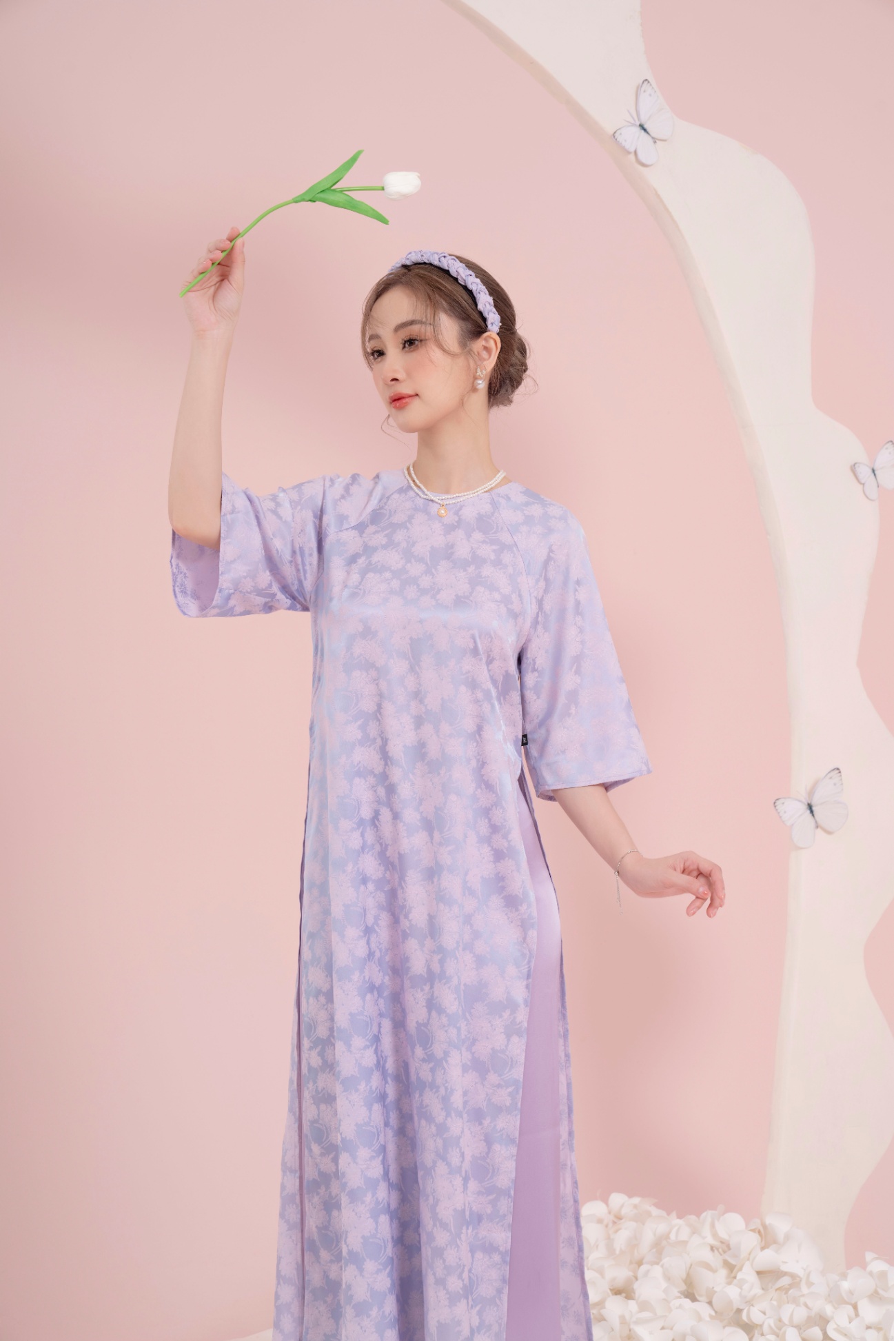 Áo dài lụa thiết kế JM Dress Design dáng suông cổ tròn tay rac lang 2M27.2311S