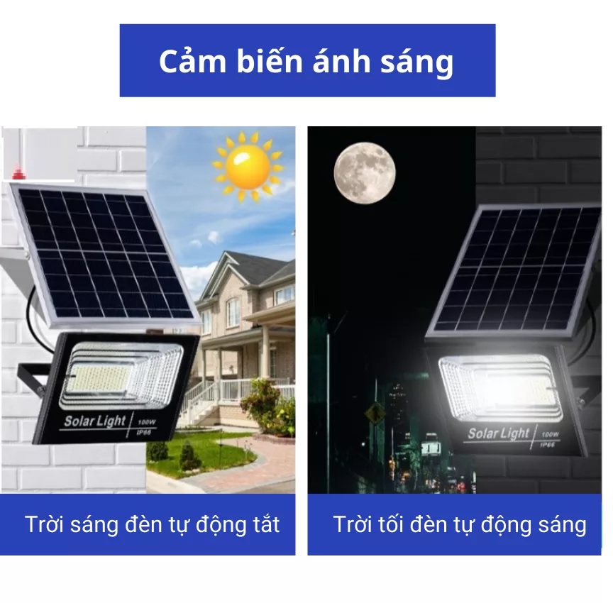 Đèn pha led Năng Lượng Mặt Trời công suất 100w kèm tấm pin rời có remote có cảm biến tự động dây nối 5m loại tốt sáng 10-14h