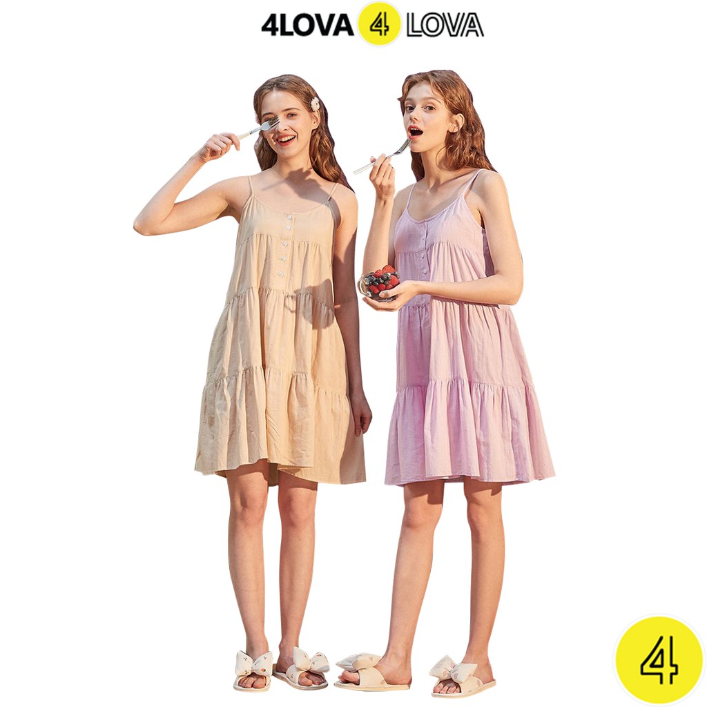 Váy đũi 2 dây 4LOVA ba tầng cổ tim, đầm xòe phối cúc ngực vintage