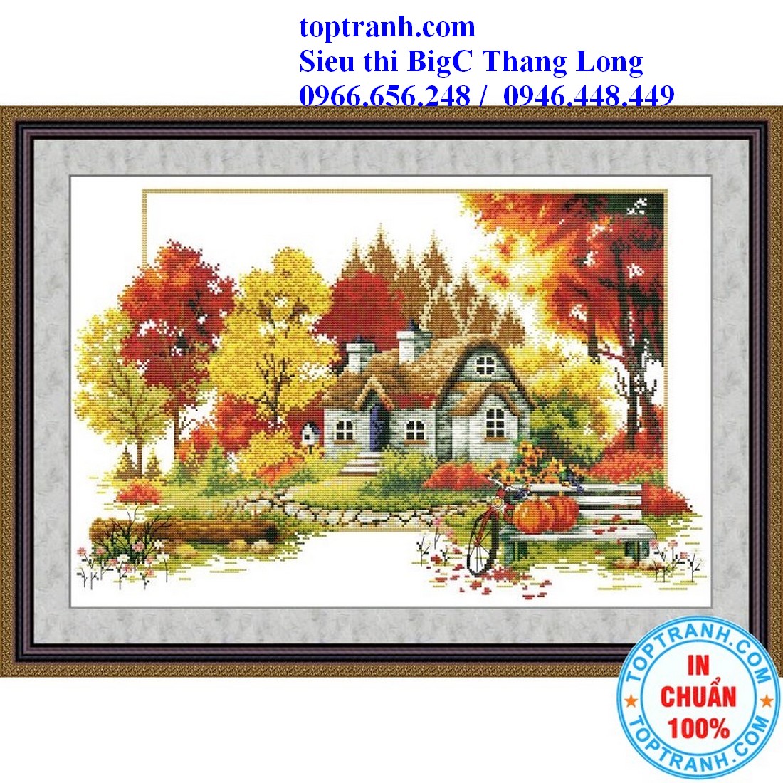 Tranh thêu chữ thập phong cảnh ngôi nhà mùa thu vàng F226