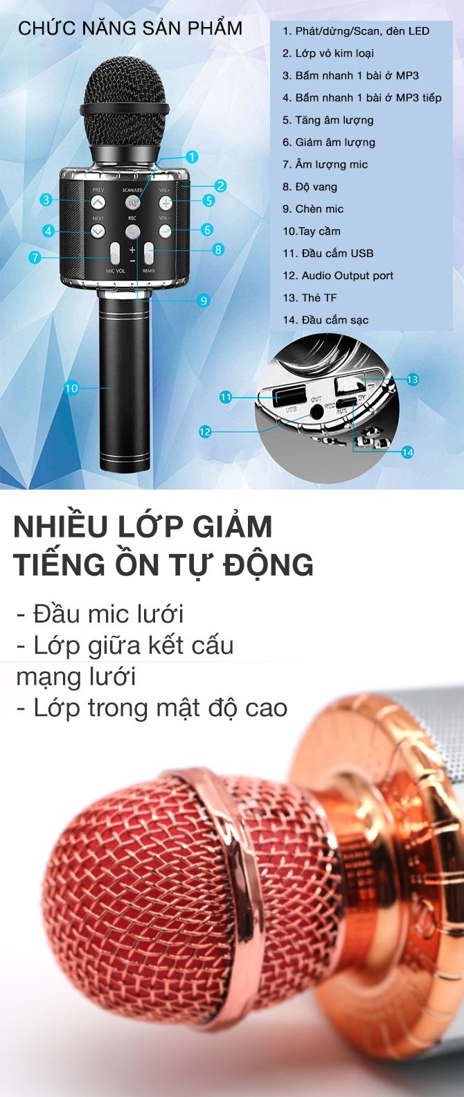 kết nối không dây bluetooth mẫu mới 2022， Mic hát WS-858L karaoke đèn Led nháy