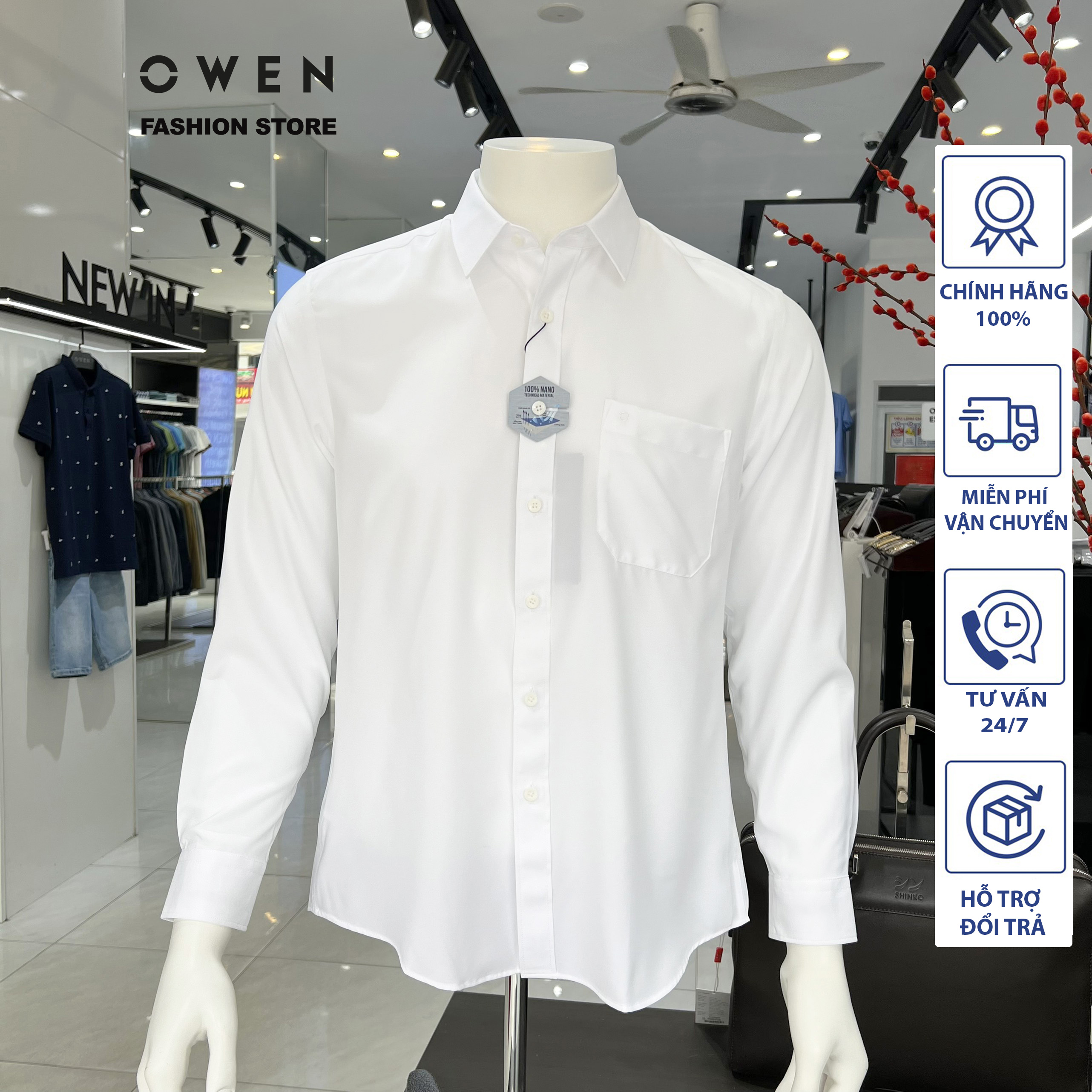 OWEN - (FREESHIP) Áo sơ mi trắng dài tay sợi NANO dáng Regular có túi và không túi VẠT TÔM Mã AR230315DT, AS230318D