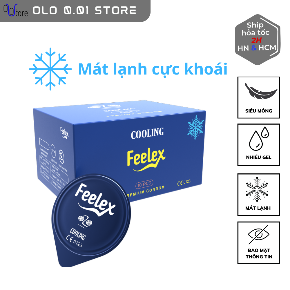 Bao cao su nam Feelex xanh Cooling, mỏng, nhiều gel bôi trơn, cảm giác mát lạnh - Hộp 10 bcs