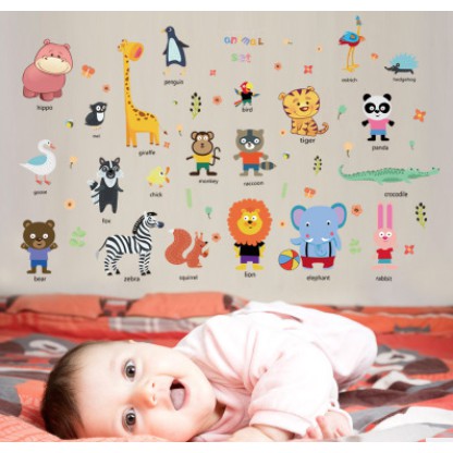 Decal dán tường thú tiếng anh 92025 có keo sẵn